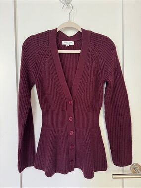 Derek Lam Burgundy Button-Front Peplum Knit Cardigan